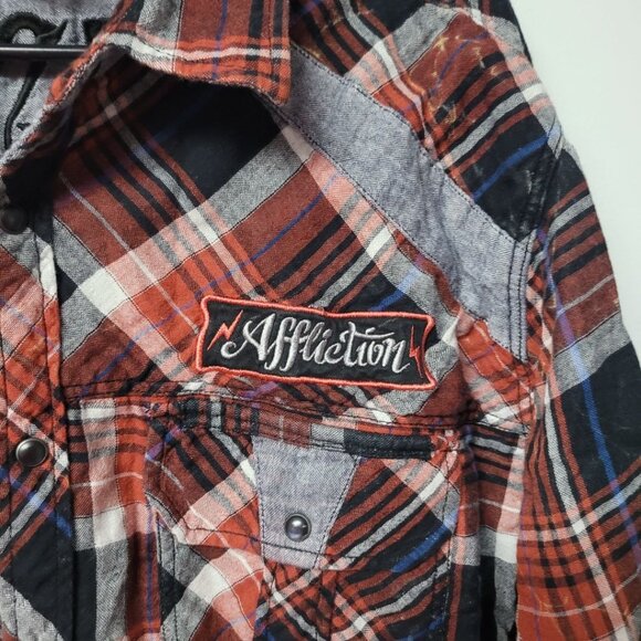 Affliction Flannel Shirt Grunge Garage Distressed Bleached Mens 2XL Snap Up - Picture 7 of 10